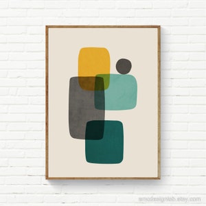 Organic Shapes Abstract Print, Printable Original Art, Modern Prints, Teal Gray Yellow Wall Art, Mustard Green Living Room Prints
