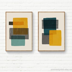 Abstract Teal Gray Yellow Wall Art, Mustard Light Teal Black Stripes ...