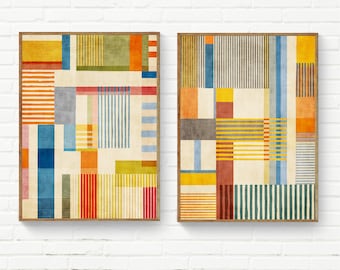 Vibrant Modern Stripes Geometric Wall Art: Original Set of 2 Colorful Prints