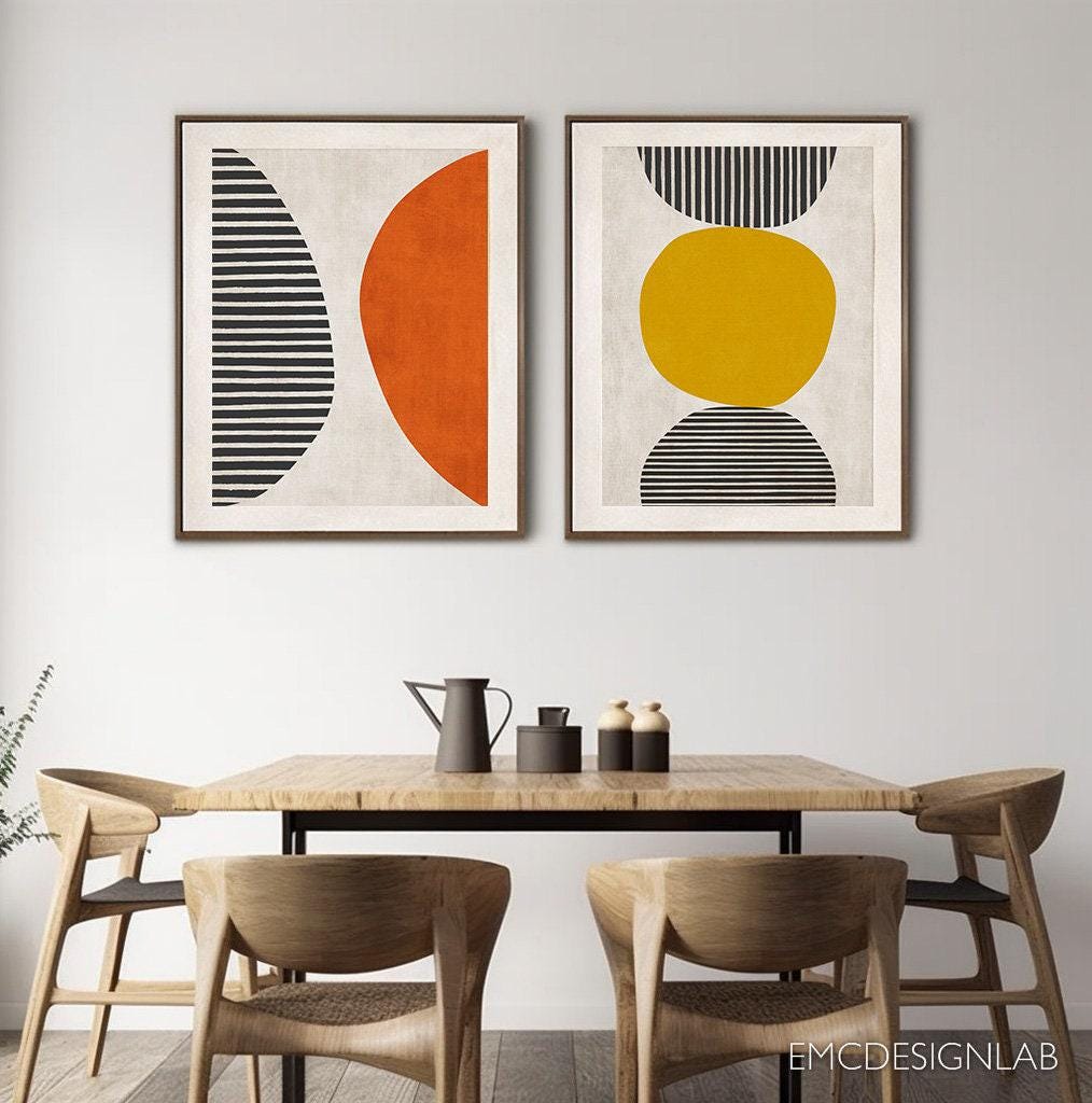 Set of 2 Orange Yellow Black Bold Wall Art, Black White Lines Print ...