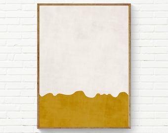 May include: Abstract art print with a white background and a yellow wavy line at the bottom.