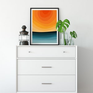 Bright Colors Abstract Minimalist Sunset Landscape, Minimal Vibrant Colors Wall Art, Orange Teal Red Blue Yellow image 7