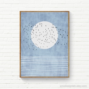 White Moon & Sea Minimalist Wall Art, Flock Over Sea Abstract Landscape, Minimalist Marine Wall Art, Summer House Poster
