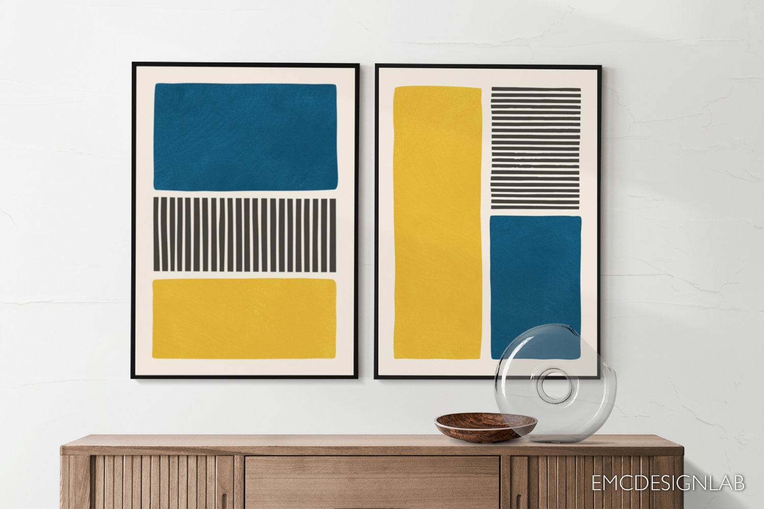 Yellow & Blue Abstract Bold Wall Art Print Set of 2 Prints Black Lines ...