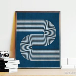 Imprimé lignes rétro minimalistes bleu marine et beige, art mural minimalisme moderne, art mural beige bleu marine image 2