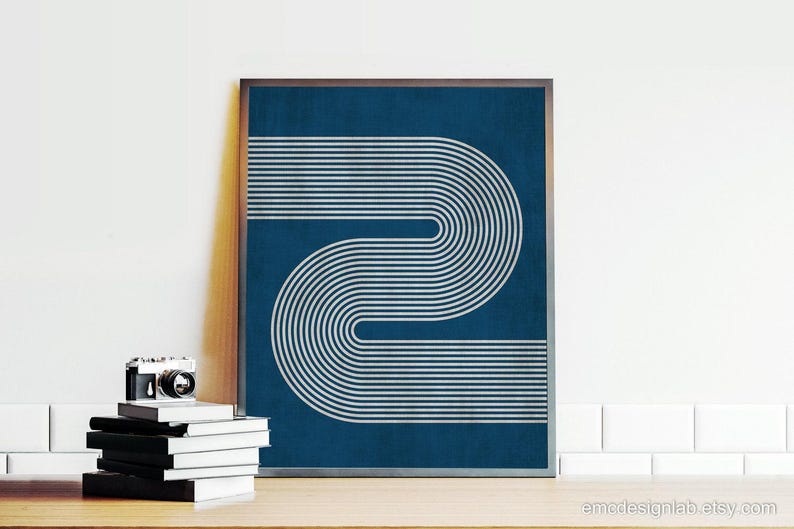 Imprimé lignes rétro minimalistes bleu marine et beige, art mural minimalisme moderne, art mural beige bleu marine image 2
