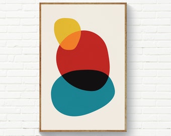 Abstract Circles Art, Blue Red Mustard Printable Wall Art, Abstracts Mid Century Modern Prints 24x36