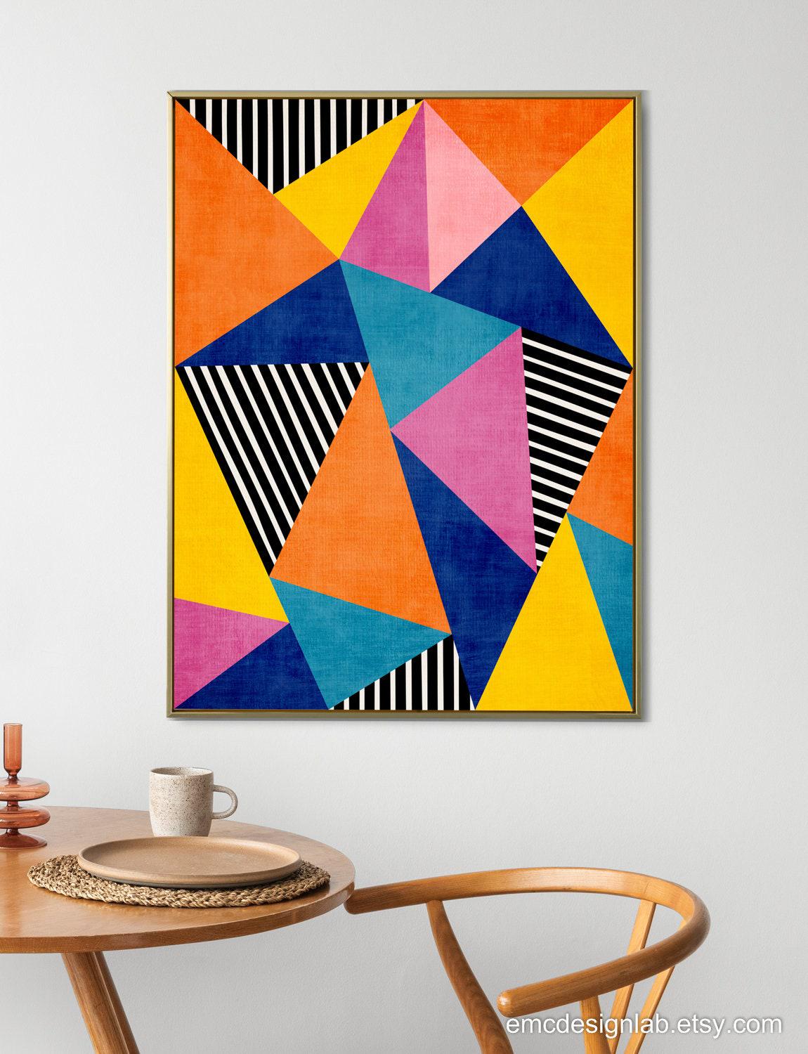 Colorful Geometric Modern Art Print, Bright Colors Triangles Black