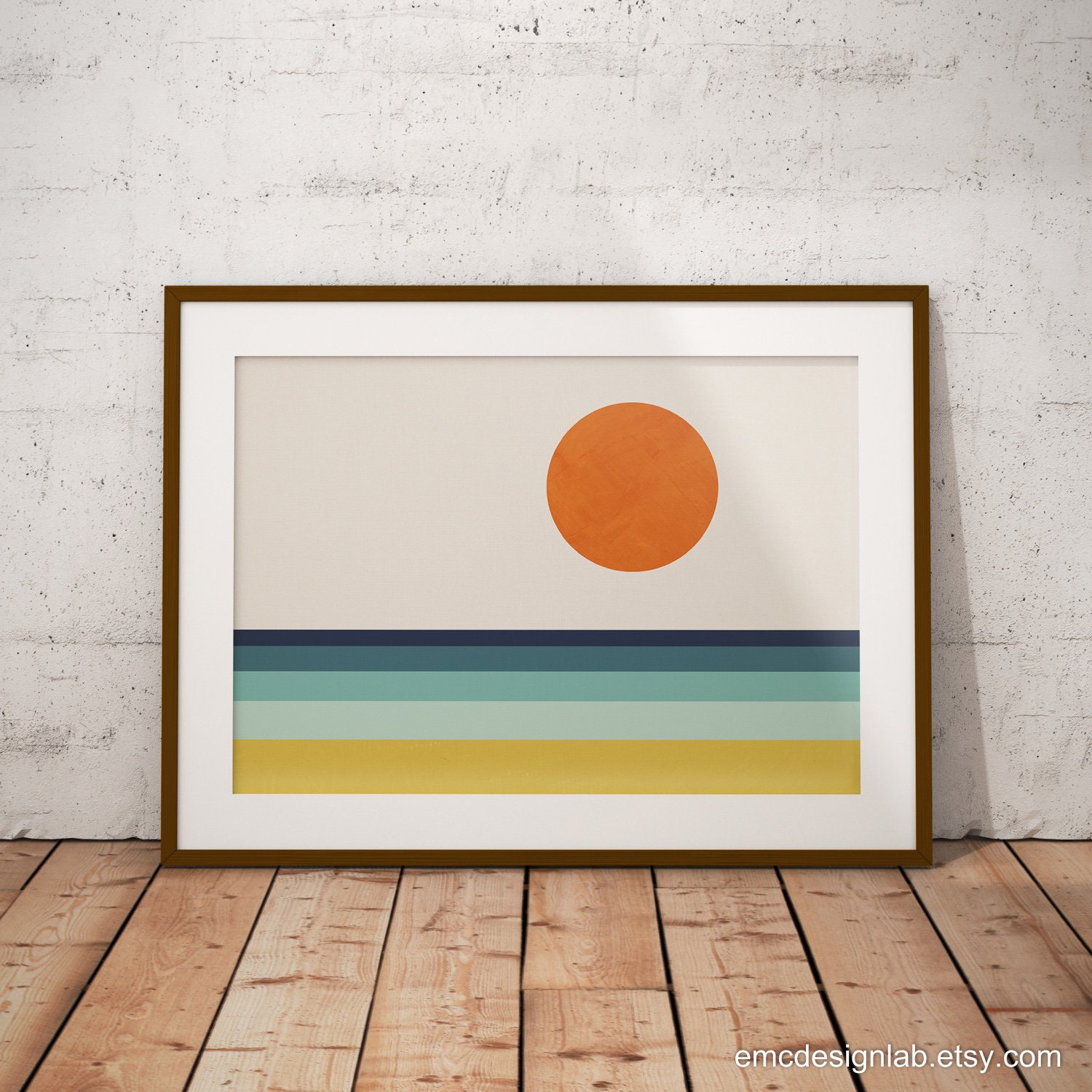 Minimalist Geometric Landscape, Abstract Beach Sea Sun, Mid Century Modern  Horizontal Abstract Print, 24x36 Wall Art 