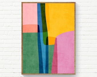 Pink Yellow Blue Green Mid-Century Modern Abstract Wall Art, Colorful Digital Painting Large Wall Art Print, Modern Multicolored Nursery Art