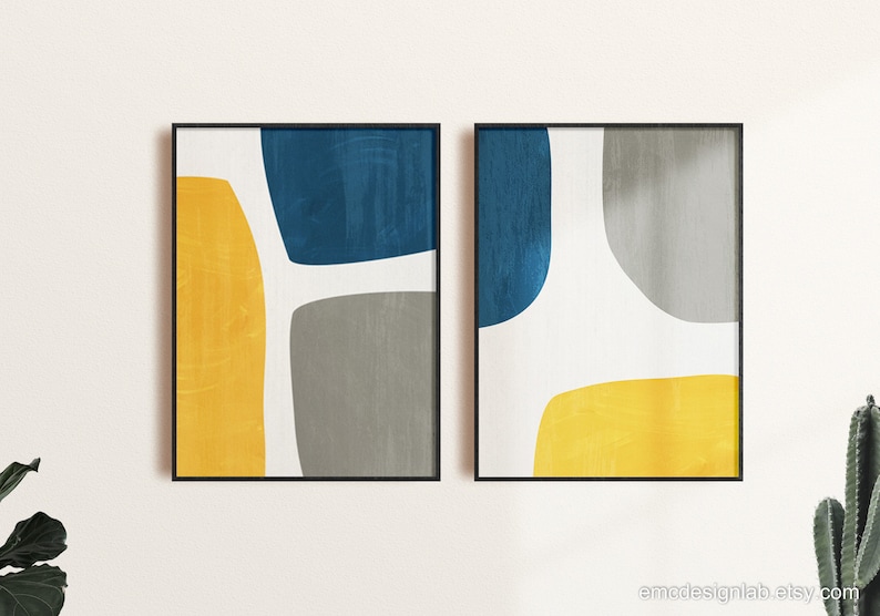 Yellow & Blue Abstract Wall Art Set 2 Prints / Gray Navy Mustard ...