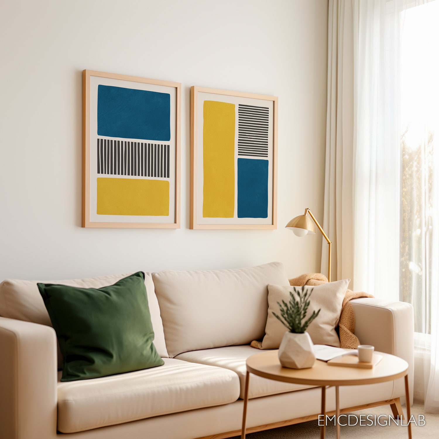 Yellow & Blue Abstract Bold Wall Art Print Set of 2 Prints Black Lines ...