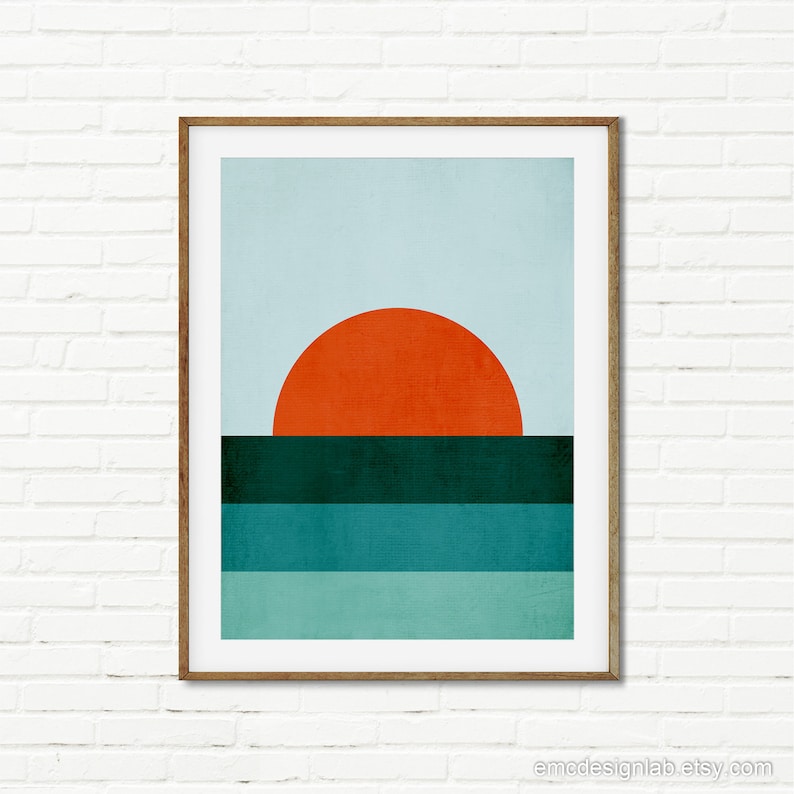 Minimalist Sunset Wall Art Abstract Landscape Teal Orange Etsy