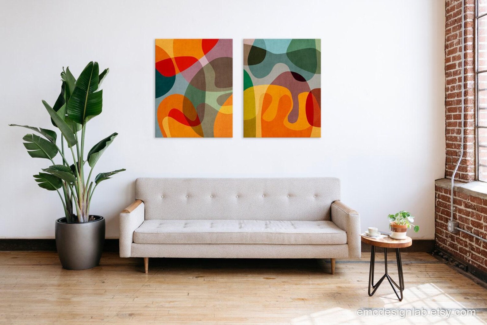 Abstract Colorful Modern Set of 2 Prints, Mid-century Modern Wall Art ...