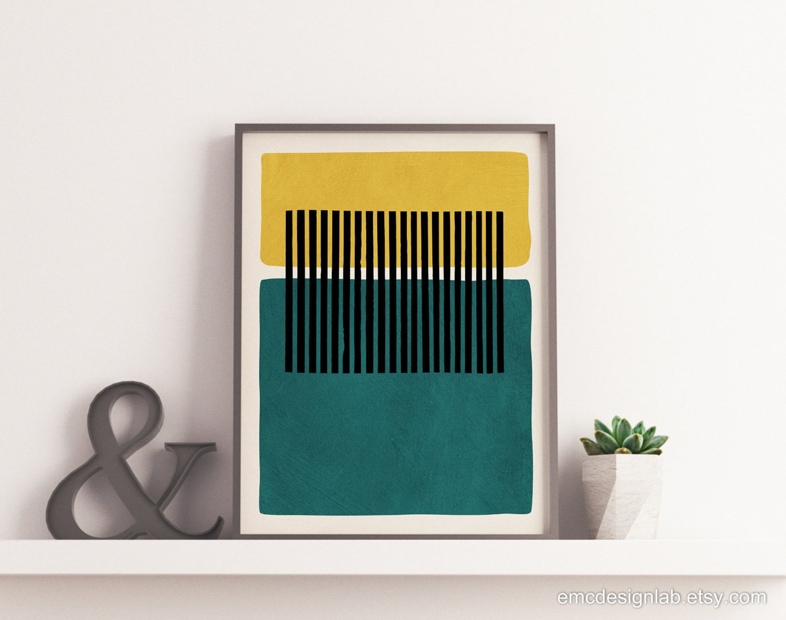 Abstract Teal Yellow Wall Art Mustard Dark Teal Black Lines Etsy