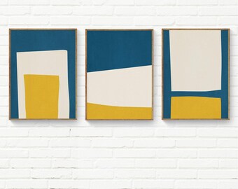 Set of 3 Blue & Yellow Modern Minimalism Prints, Minimalist Modern Wall Art Set of 3, Simple Minimal Office Decor