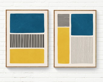 Yellow & Blue Set of 2 Prints, Original Color Block Bold Black Lines Abstract Shapes Print Set, Navy Yellow Minimalist Color Block Prints