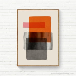 Orange & Gray Wall Art, Abstract Shapes Modern Artwork, Orange Pink Prints, Bold Painting Orange Decor