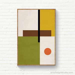 Mid Century Modern Abstract Wall Art, Geometric Abstract, Bauhaus Wall Art, Green Yellow Brown Orange