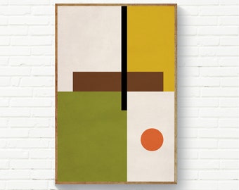 Mid Century Modern Abstract Wall Art, Geometric Abstract, Bauhaus Wall Art, Green Yellow Brown Orange