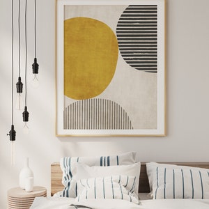 Senapsgula cirkelsvarta djärva linjer konstverk modern konsttryck rik textur vardagsrumsväggkonst, djärva minimalistiska konsttryck bild 4