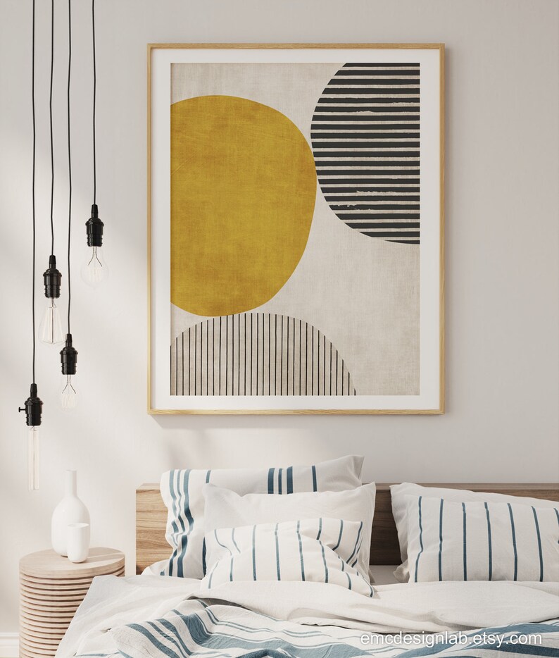 Senapsgula cirkelsvarta djärva linjer konstverk modern konsttryck rik textur vardagsrumsväggkonst, djärva minimalistiska konsttryck bild 4