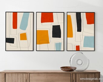 アート・デザイン・音楽 HANDCRAFTED MODERN Mid-century Modern Artwork, Black Red Yellow Light Blue Minimalist