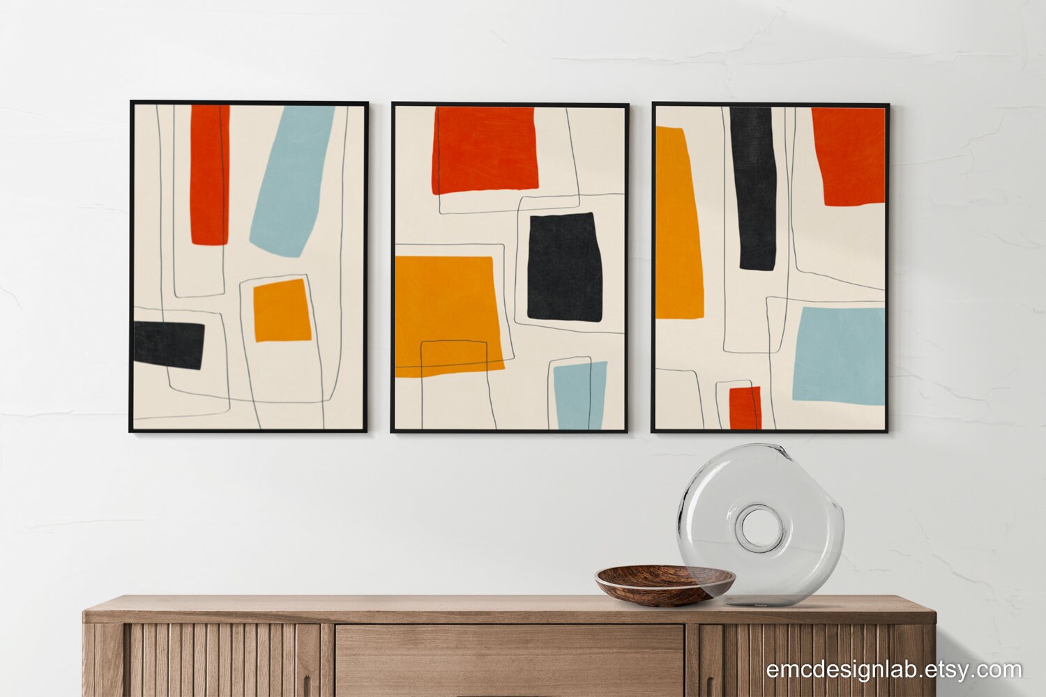 Mid-century Modern Artwork, Black Red Yellow Light Blue Minimalist