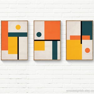 Obra de arte abstracta geométrica, impresión estilo Bauhaus, arte mural de mediados de siglo en tonos naranja, amarillo y verde azulado. imagen 7