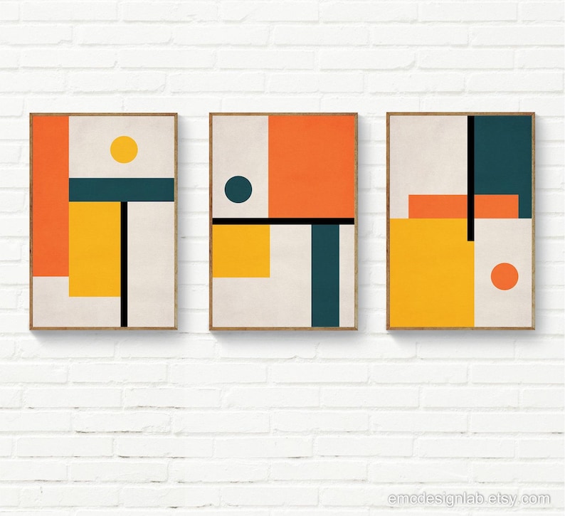 Obra de arte abstracta geométrica, impresión estilo Bauhaus, arte mural de mediados de siglo en tonos naranja, amarillo y verde azulado. imagen 7