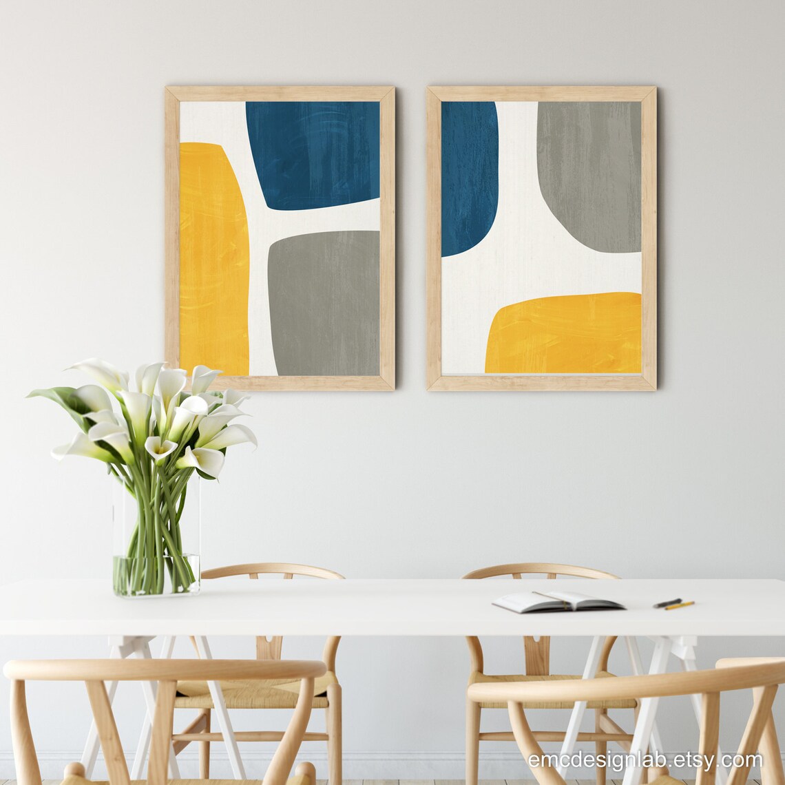 Yellow & Blue Abstract Wall Art Set 2 Prints / Gray Navy Mustard ...
