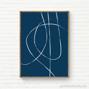 May include: Abstract art print with white lines on a dark blue background. The lines are curved and create a geometric pattern.