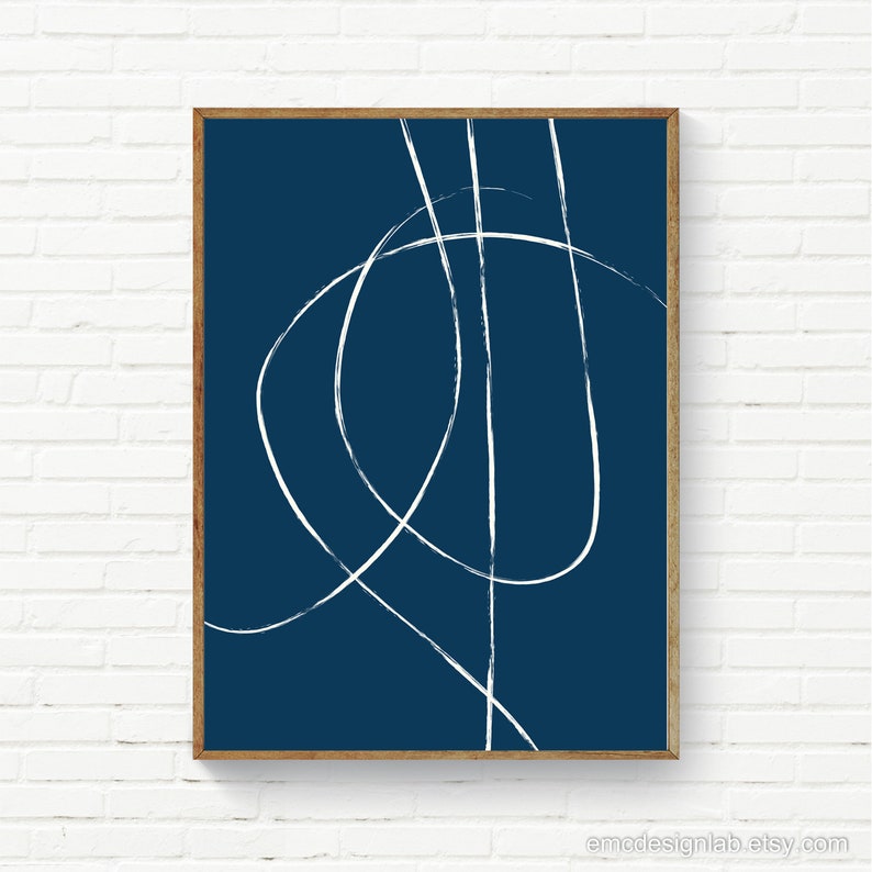 May include: Abstract art print with white lines on a dark blue background. The lines are curved and create a geometric pattern.