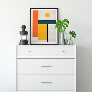 Obra de arte abstracta geométrica, impresión estilo Bauhaus, arte mural de mediados de siglo en tonos naranja, amarillo y verde azulado. imagen 6