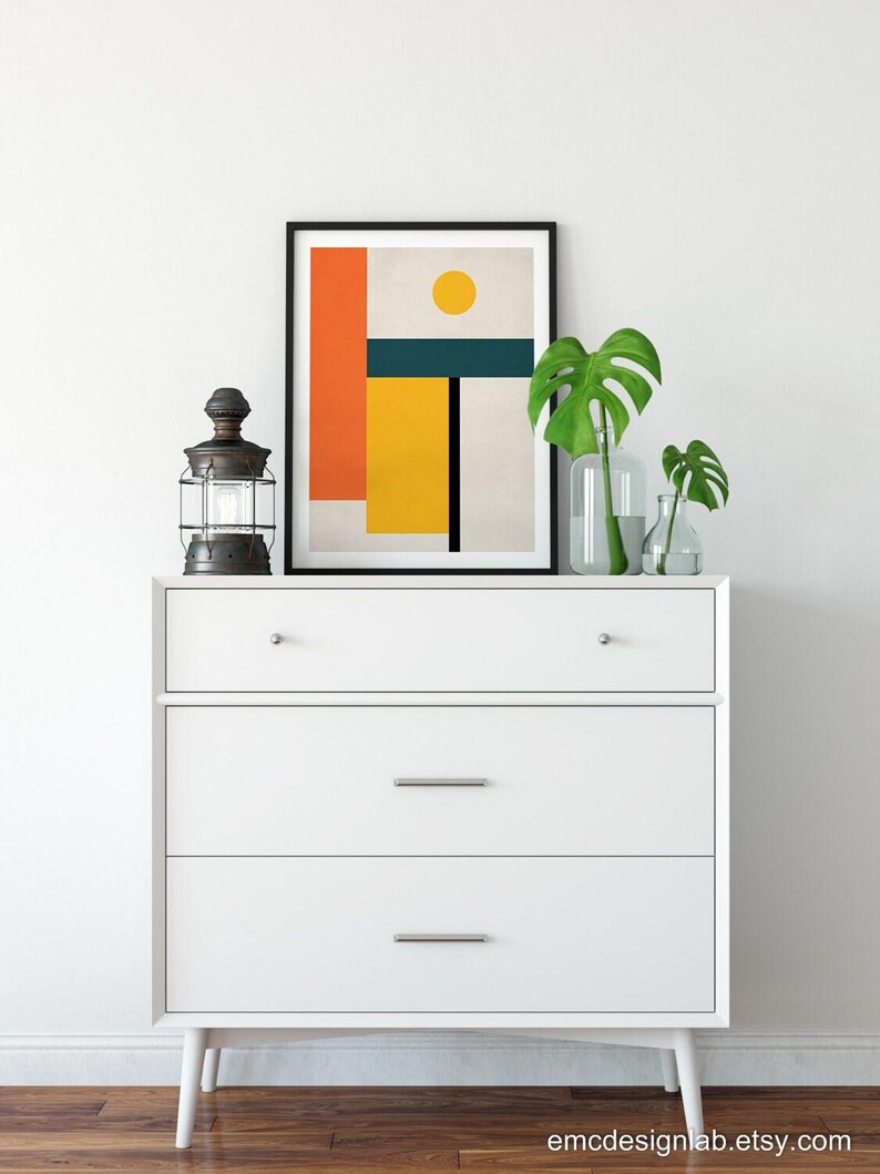 Obra de arte abstracta geométrica, impresión estilo Bauhaus, arte mural de mediados de siglo en tonos naranja, amarillo y verde azulado. imagen 6