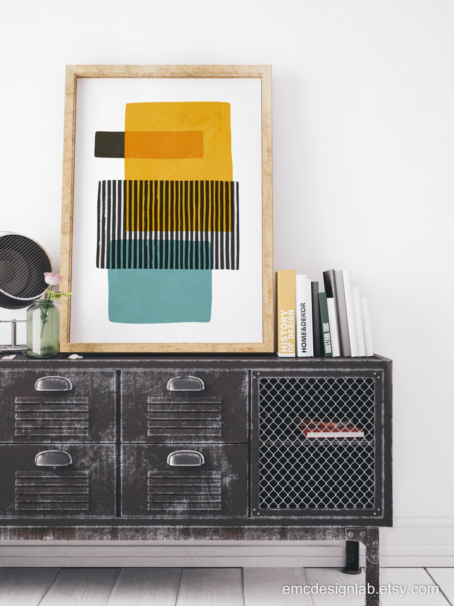 Abstract Teal Gray and Yellow Wall Art Black White Stripes Etsy