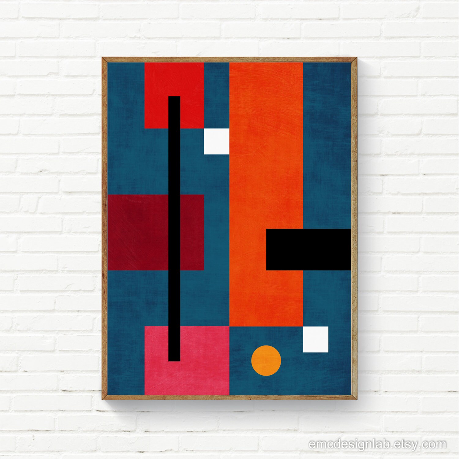 Abstract Geometric Bauhaus Style Wall Art, Red Orange Blue Wall