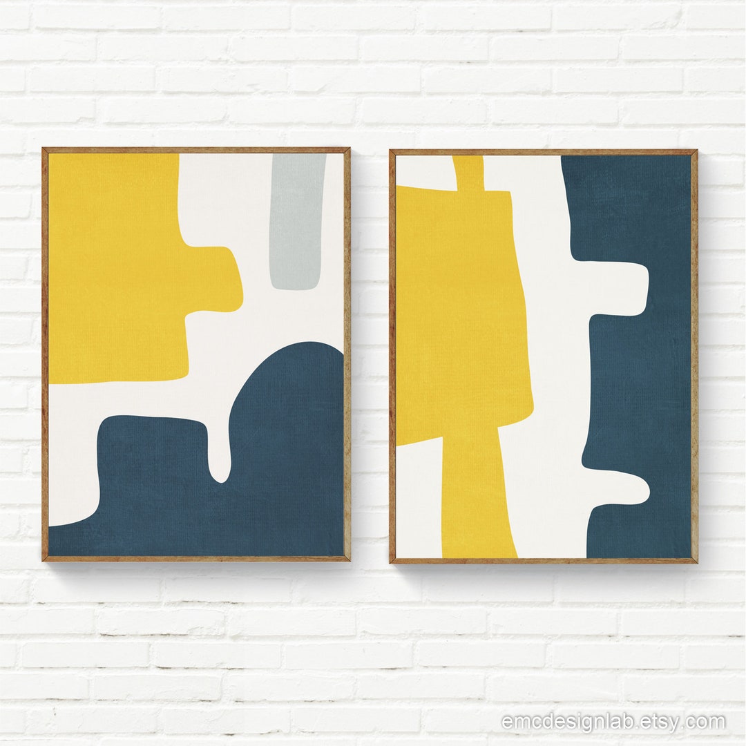 Blue & Yellow Abstract Modern Art Set of 2 Prints, Simple Abstract ...