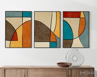 MCM Geometric Abstract Wall Art Set of 3 | Mid-Century Modern Retro Colorful Living Room Canvas