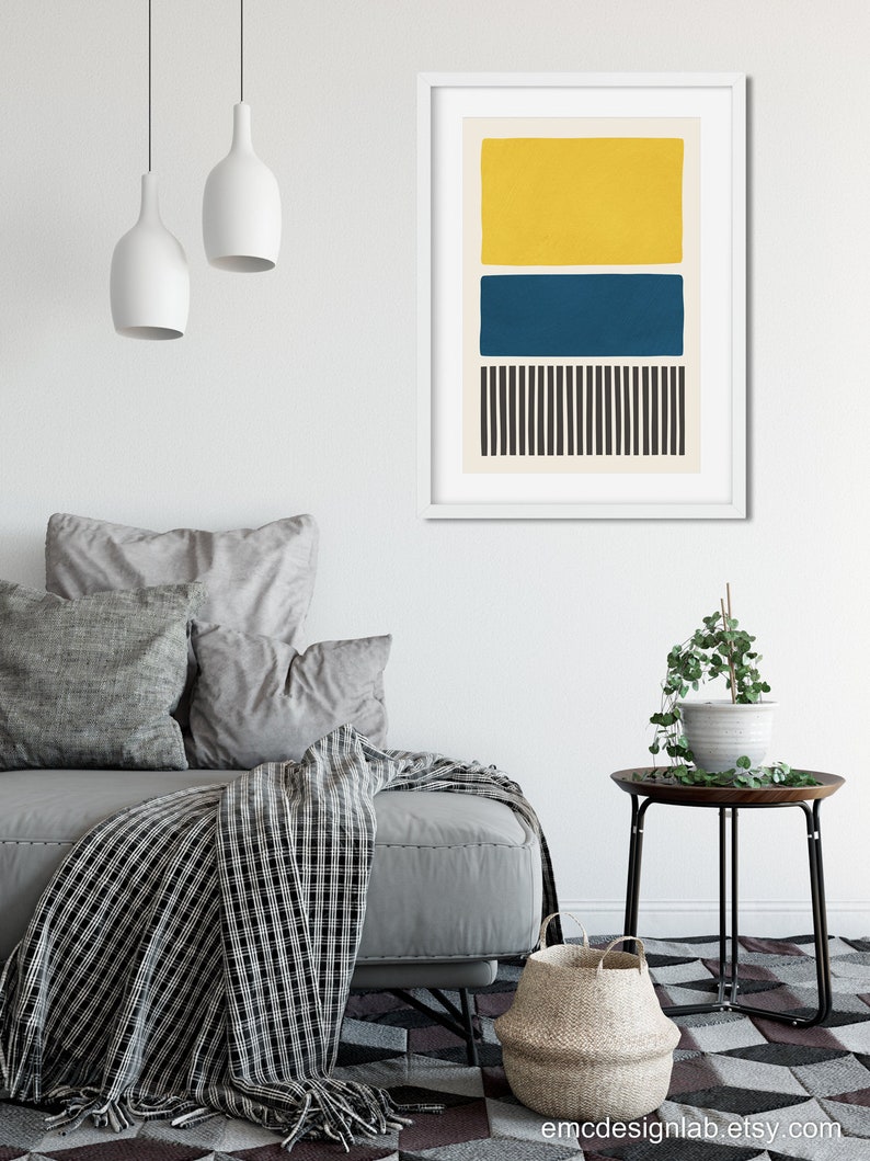Blue & Mustard Wall Art Black and White Stripes Midcentury Etsy