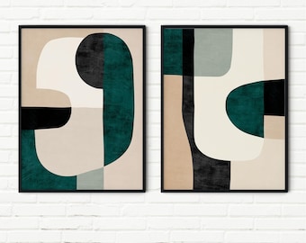 Grün Teal Schwarz Beige Abstrakte Formen Moderne Original Kunst 2er Set