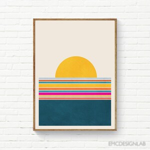 シンプルなミニマリストの抽象風景画プリント オレンジ色の太陽 上品な