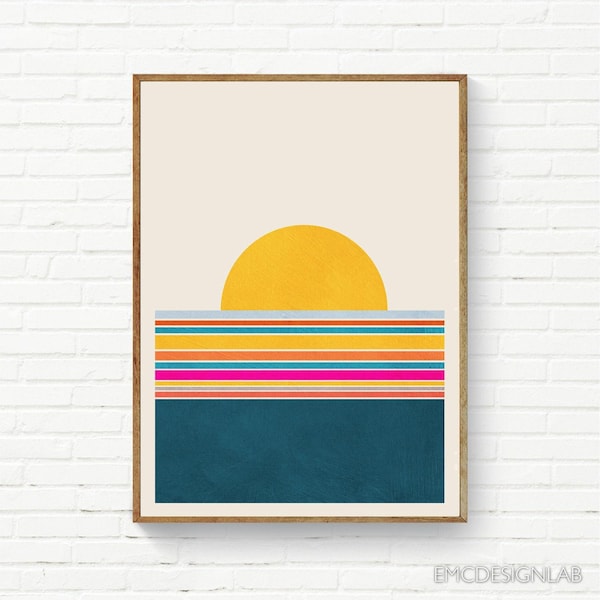 Abstract Landscape, Minimalist Mid Century Modern Geometric Sun Print, Beach Sea Sunrise Sunset,  Modern Landscape Wall Art
