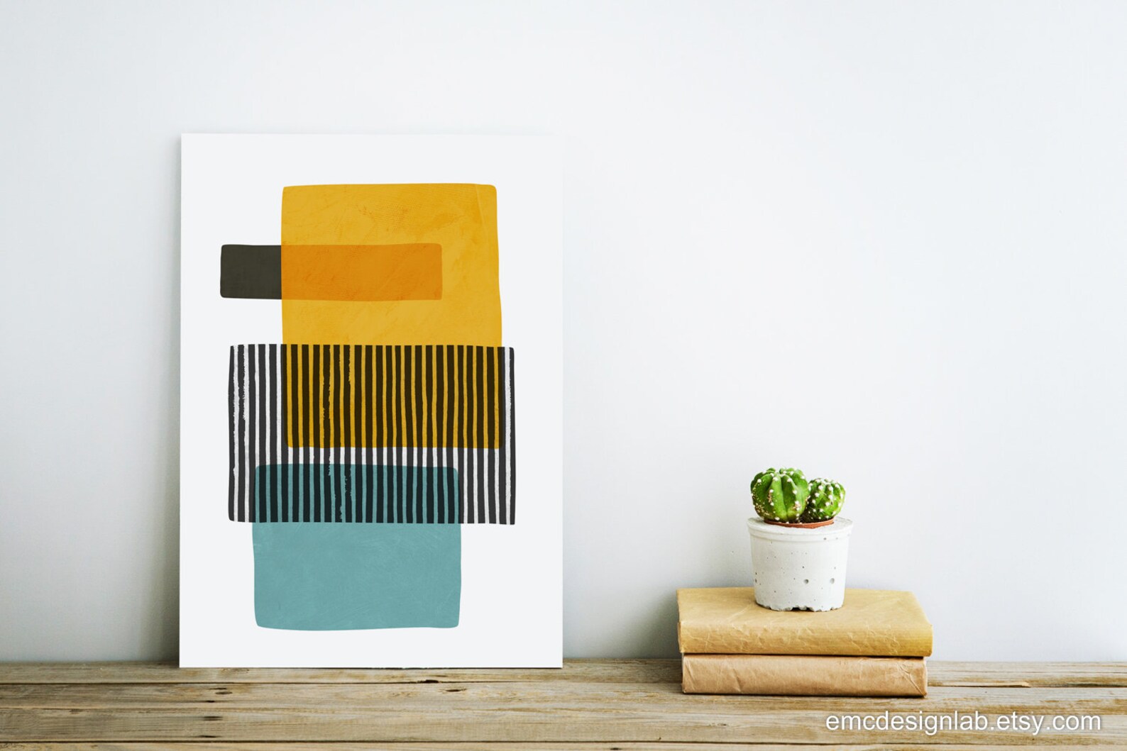 Abstract Teal Gray and Yellow Wall Art Black White Stripes Etsy