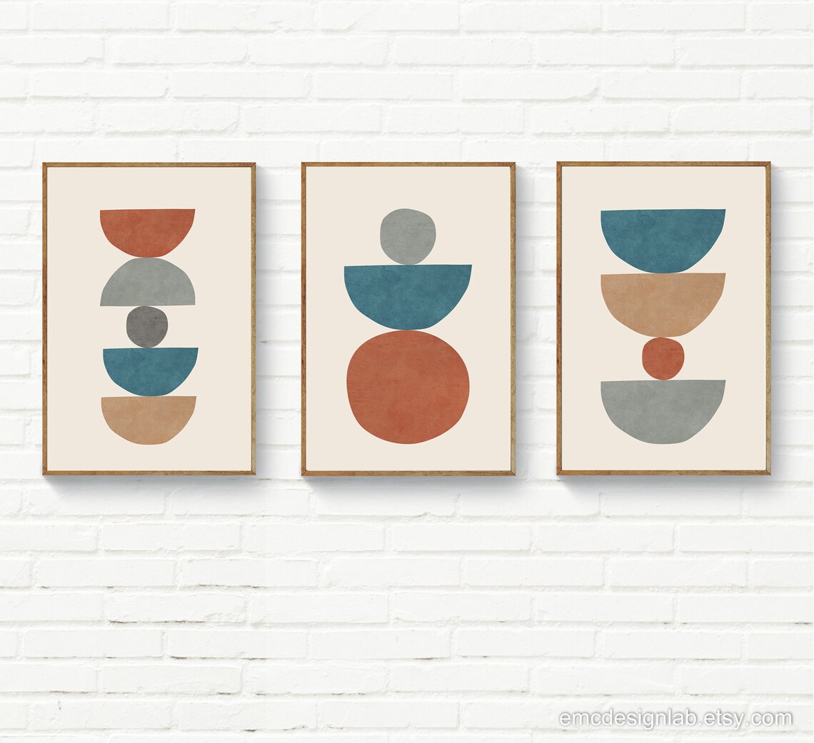 Set of 3 Wall Art Prints in Burnt Orange Blue Gray Beige Semi Etsy