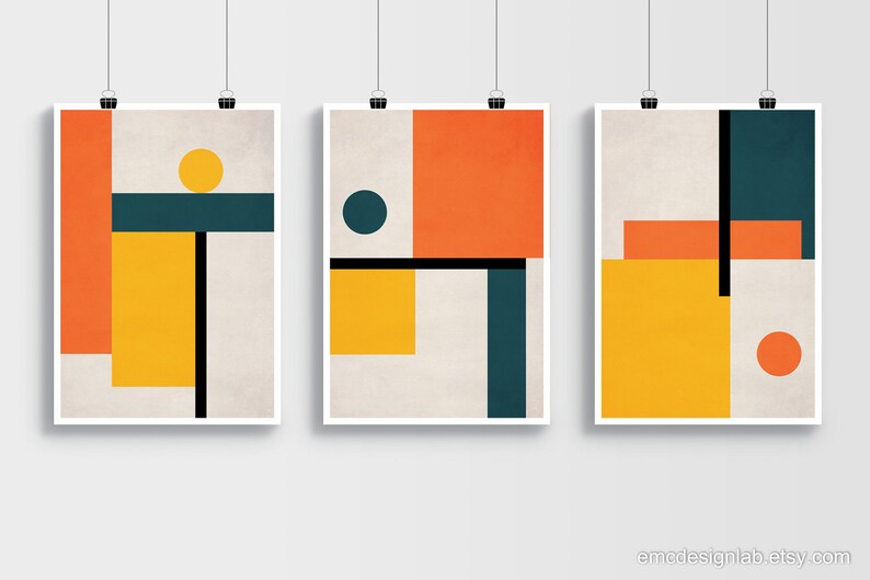 Set of 3 Geometric Wall Art Trendy Colors Orange Yellow Etsy
