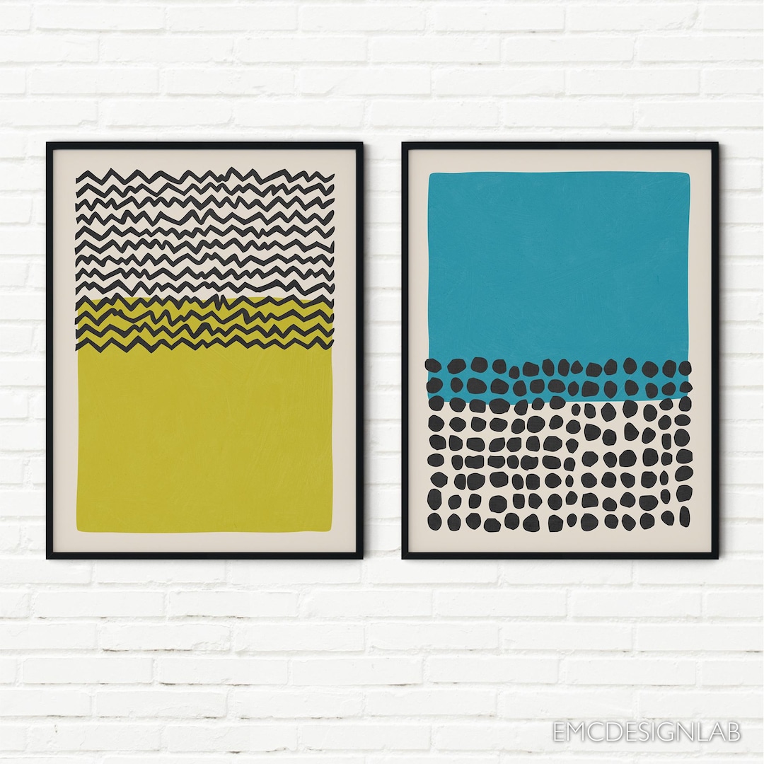 Modern Art Set Teal Blue & Chartreuse Color Block: Bold Minimalist ...