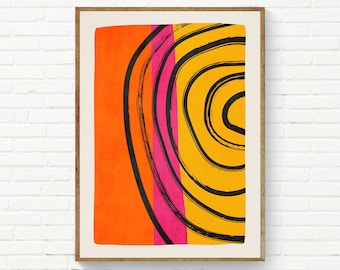 Impression d'art abstrait orange jaune fuchsia, cercles noirs, oeuvre d'art moderne exclusive