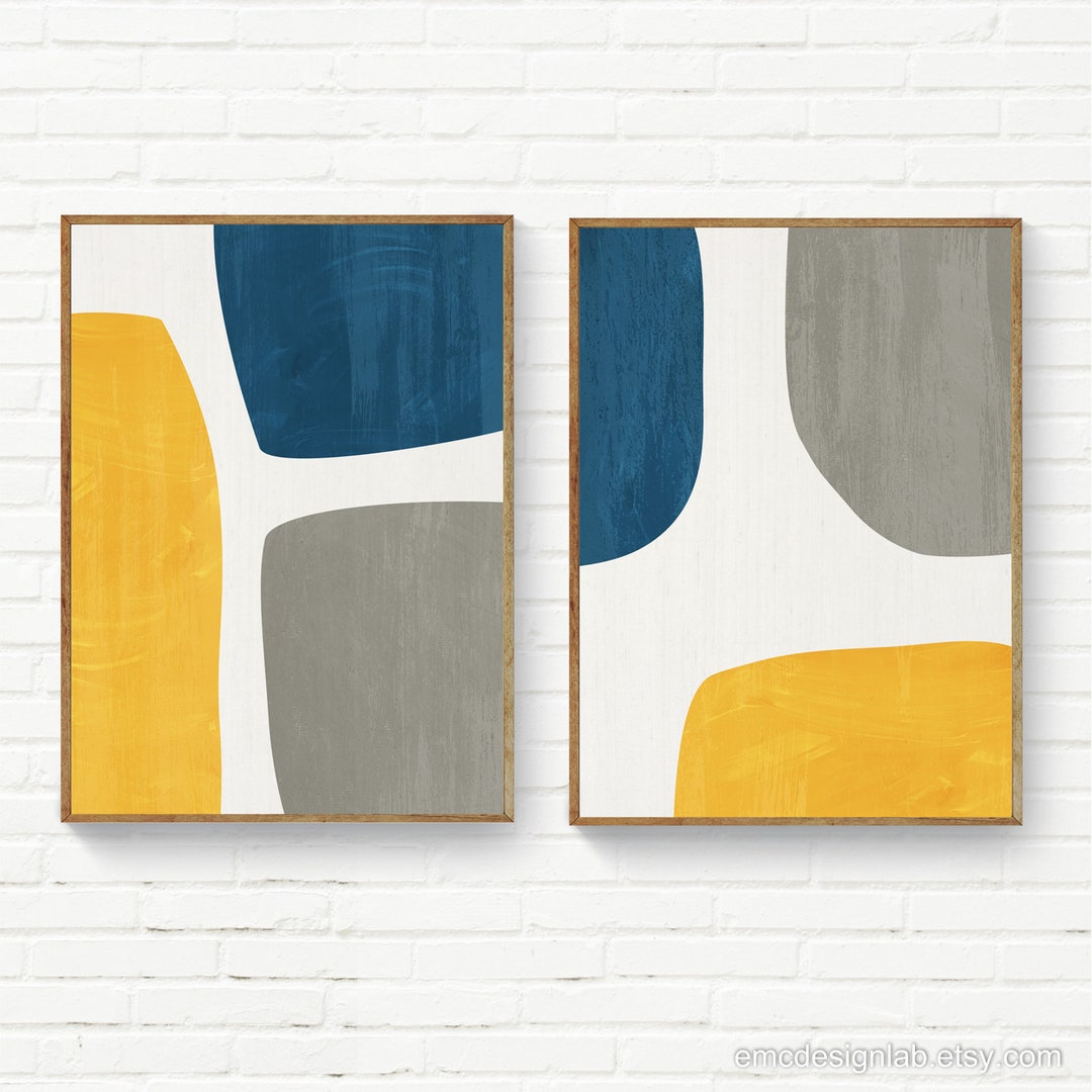 Yellow & Blue Abstract Wall Art Set 2 Prints / Gray Navy Mustard ...