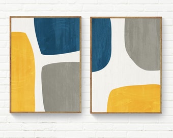 Yellow & Blue Abstract Wall Art Set 2 Prints / Gray Navy Mustard Artwork / Minimalist Modern Wall Art / Contemporary Blue Yellow Decor